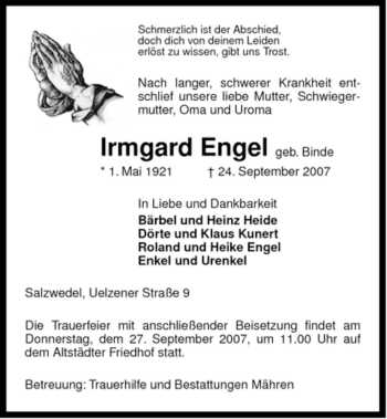 Traueranzeige von Irmgard Engel von ALLGEMEINE ZEITUNG UELZEN