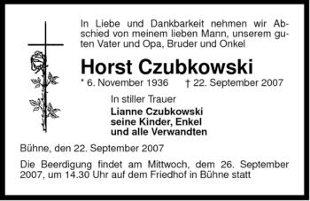 Traueranzeige von Horst Czubkowski von ALLGEMEINE ZEITUNG UELZEN