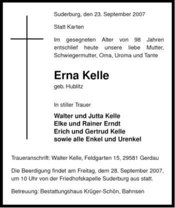 Traueranzeige von Erna Kelle von ALLGEMEINE ZEITUNG UELZEN