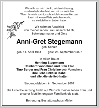 Traueranzeige von Anni-Gret Stegemann von ALLGEMEINE ZEITUNG UELZEN