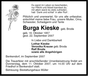 Traueranzeige von Burga Kieske von ALLGEMEINE ZEITUNG UELZEN