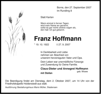 Traueranzeige von Franz Hoffmann von ALLGEMEINE ZEITUNG UELZEN