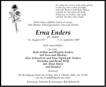 Traueranzeige von Erna Enders von ALLGEMEINE ZEITUNG UELZEN