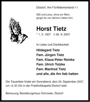 Traueranzeige von Horst Tietz von ALLGEMEINE ZEITUNG UELZEN