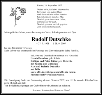 Traueranzeige von Rudolf Dutschke von ALLGEMEINE ZEITUNG UELZEN