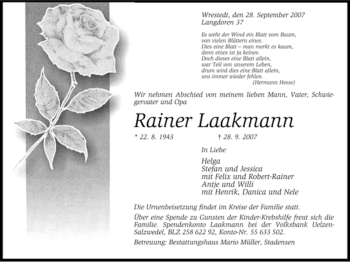 Traueranzeige von Rainer Laakmann von ALLGEMEINE ZEITUNG UELZEN