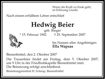 Traueranzeige von Hedwig Beier von ALLGEMEINE ZEITUNG UELZEN