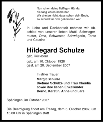 Traueranzeige von Hildegard Schulze von ALLGEMEINE ZEITUNG UELZEN