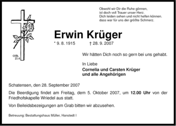 Traueranzeige von Erwin Krüger von ALLGEMEINE ZEITUNG UELZEN