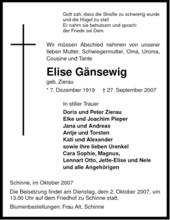 Traueranzeige von Elise Gänsewig von ALLGEMEINE ZEITUNG UELZEN