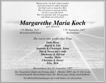 Traueranzeige von Margarethe Maria Koch von ALLGEMEINE ZEITUNG UELZEN