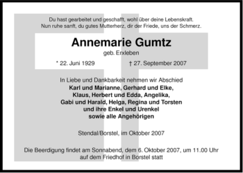 Traueranzeige von Annemarie Gumtz von ALLGEMEINE ZEITUNG UELZEN