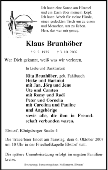 Traueranzeige von Klaus Brunhöber von ALLGEMEINE ZEITUNG UELZEN