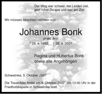 Traueranzeige von Johannes Bonk von ALLGEMEINE ZEITUNG UELZEN