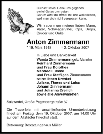 Traueranzeige von Anton Zimmermann von ALLGEMEINE ZEITUNG UELZEN