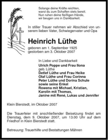 Traueranzeige von Heinrich Lüthe von ALLGEMEINE ZEITUNG UELZEN