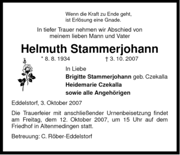 Traueranzeige von Helmuth Stammerjohann von ALLGEMEINE ZEITUNG UELZEN