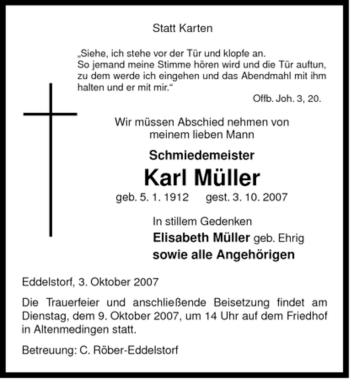 Traueranzeige von Karl Müller von ALLGEMEINE ZEITUNG UELZEN