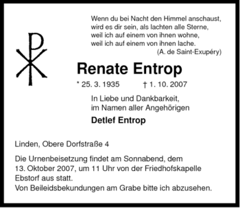 Traueranzeige von Renate Entrop von ALLGEMEINE ZEITUNG UELZEN