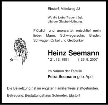 Traueranzeige von Heinz Seemann von ALLGEMEINE ZEITUNG UELZEN