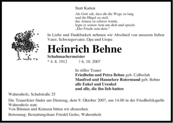 Traueranzeige von Heinrich Behne von ALLGEMEINE ZEITUNG UELZEN