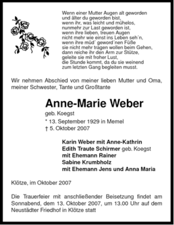 Traueranzeige von Anne-Marie Weber von ALLGEMEINE ZEITUNG UELZEN