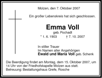 Traueranzeige von Emma Voll von ALLGEMEINE ZEITUNG UELZEN