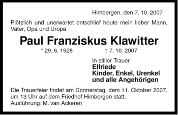 Traueranzeige von Paul Franziskus von ALLGEMEINE ZEITUNG UELZEN