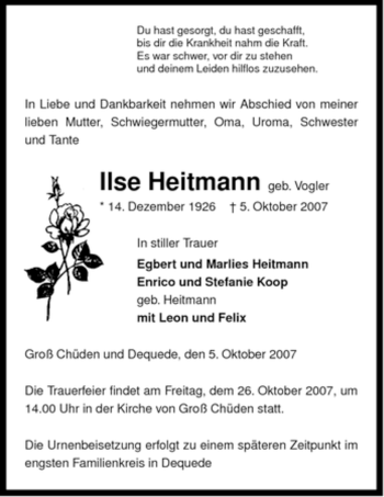 Traueranzeige von Ilse Heitmann von ALLGEMEINE ZEITUNG UELZEN