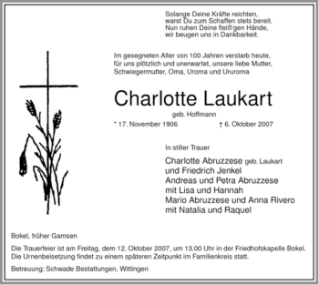 Traueranzeige von Charlotte Laukart von ALLGEMEINE ZEITUNG UELZEN