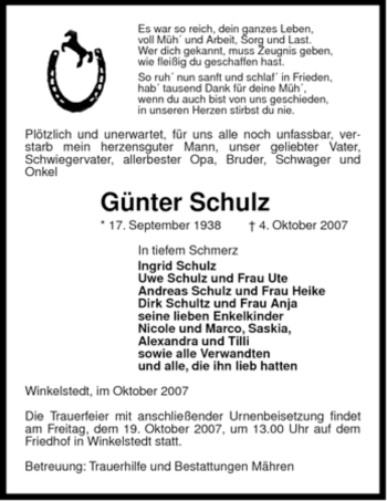 Traueranzeige von Günter Schulz von ALLGEMEINE ZEITUNG UELZEN