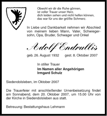 Traueranzeige von Adolf Endrullis von ALLGEMEINE ZEITUNG UELZEN