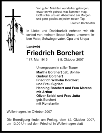 Traueranzeige von Friedrich Borchert von ALLGEMEINE ZEITUNG UELZEN