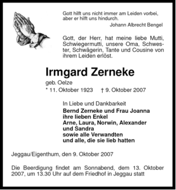 Traueranzeige von Irmgard Zerneke von ALLGEMEINE ZEITUNG UELZEN