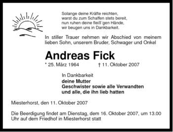 Traueranzeige von Andreas Fick von ALLGEMEINE ZEITUNG UELZEN