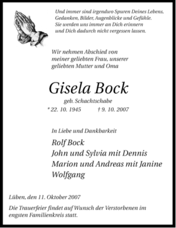 Traueranzeige von Gisela Bock von ALLGEMEINE ZEITUNG UELZEN