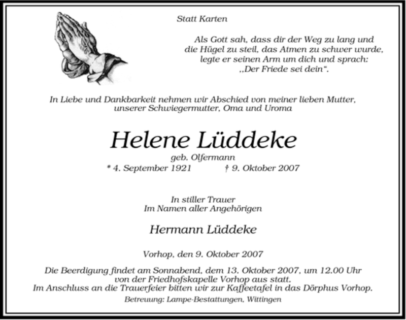  Traueranzeige für Helene Lüddeke vom 12.10.2007 aus ALLGEMEINE ZEITUNG UELZEN