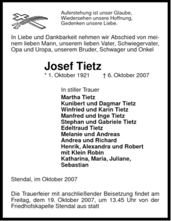 Traueranzeige von Josef Tietz von ALLGEMEINE ZEITUNG UELZEN