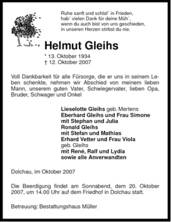 Traueranzeige von Helmut Gleihs von ALLGEMEINE ZEITUNG UELZEN