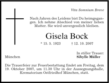 Traueranzeige von Gisela Bock von ALLGEMEINE ZEITUNG UELZEN