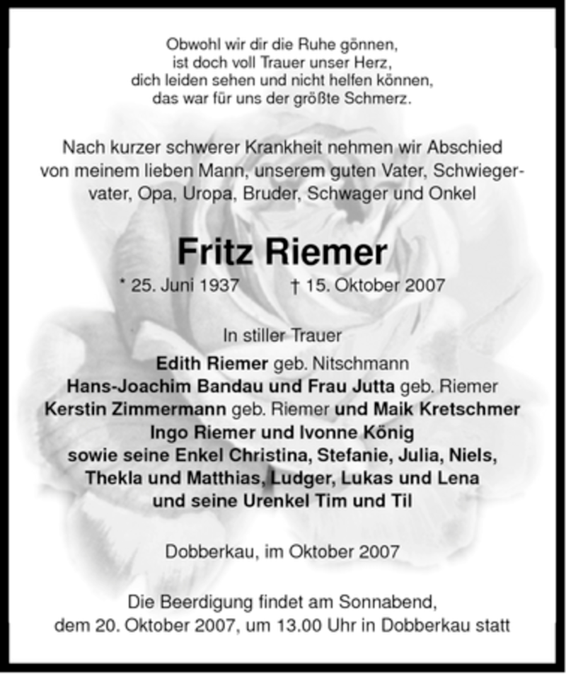  Traueranzeige für Fritz Riemer vom 17.10.2007 aus ALLGEMEINE ZEITUNG UELZEN