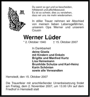 Traueranzeige von Werner Lüder von ALLGEMEINE ZEITUNG UELZEN