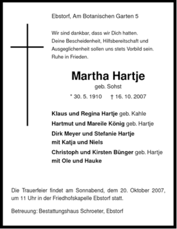 Traueranzeige von Martha Hartje von ALLGEMEINE ZEITUNG UELZEN