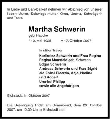 Traueranzeige von Martha Schwerin von ALLGEMEINE ZEITUNG UELZEN