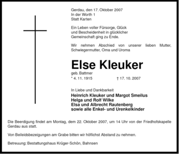 Traueranzeige von Else Kleuker von ALLGEMEINE ZEITUNG UELZEN