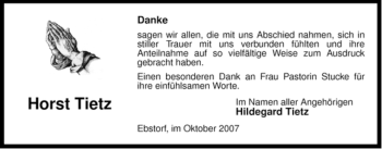 Traueranzeige von Horst Tietz von ALLGEMEINE ZEITUNG UELZEN