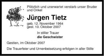 Traueranzeige von Jürgen Tietz von ALLGEMEINE ZEITUNG UELZEN