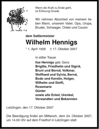 Traueranzeige von Wilhelm Hennigs von ALLGEMEINE ZEITUNG UELZEN