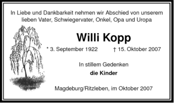 Traueranzeige von Willi Kopp von ALLGEMEINE ZEITUNG UELZEN