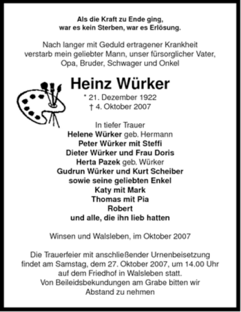 Traueranzeige von Heinz Würker von ALLGEMEINE ZEITUNG UELZEN